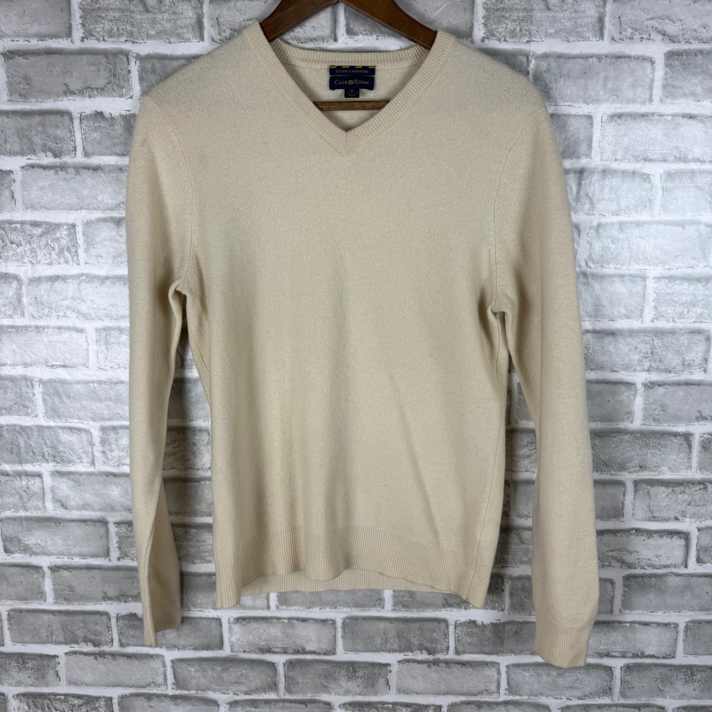 Club Room Estate Cashmere V-Neck Sweater Mens Small Cream Beige 2-Ply Pullover